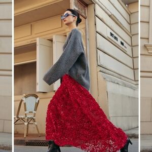 Commense Red Floral Maxi Skirt